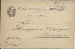 SUISSE CARTE 5c BALE POUR ZURICH DE 1877  LETTRE COVER - Railway
