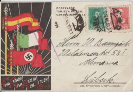 ESPAGNE - 1939 - CP PROPAGANDE "VIVA ESPANA ! VIVA L'ITALIA ! HEIL HITLER !" De VIGO Avec CENSURE => LÜBECK - Brieven En Documenten