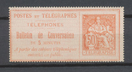France Timbre Téléphone N°9 50c Rose Neuf Sans Gomme. N3618 - Telegraphie Und Telefon
