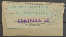 1917 Télégramme + Griffe CONTRÔLE-26  Violet. TB N3630 - 1877-1920: Periodo Semi Moderno
