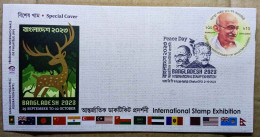 BANGLADESH 2023 GANDHI & SHEIK MUJIBUR RAHMAN, SPL CANC ON SPECIAL COVER, BANGLADESH INTERNATIONAL PHILATELIC EXHB. - Bangladesch