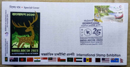 BANGLADESH 2023 MAP, FLAG, DEER, SPL CANC ON SPECIAL COVER, BANGLADESH INTERNATIONAL PHILATELIC EXHB. - Bangladesch