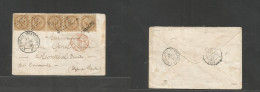 Frc - Martinique. 1863 (25 Nov) St. Pierre - France, Montreal (18 Dec) Multifkd Env 10c Bister Horiz Strip Of Five, Tied - Other & Unclassified