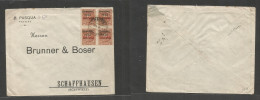 Greece. C. 1922. Patras - Switzerland, Schaffhausen. Fkd Multifkd Comercial Envelope With Block Of Four, Central Cds, Do - Autres & Non Classés