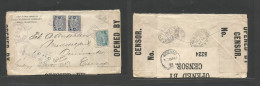 Honduras. 1918 (20 Dec) Tela - Denmark, Middelfort (14 Feb) Via NYC. Registered WWI Multifkd Censored (3 Label Seals) En - Honduras