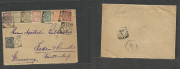 Dutch Indies. 1906 (12 July) Makasser - Germany, Hessen (17 Aug) Multicolor (8 Diff) Fkd Envelope, Tied Cds. VF. - Indes Néerlandaises