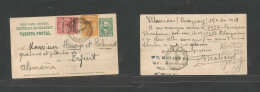 Paraguay. 1909 (12 Apr) Villarica - Germany, Erfurt, 2c Green Stat Card + 2 Adtls Ovptd Issues, Tied Cds. Reverse Via As - Paraguay