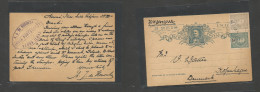 Portugal-India. 1910 (3 March) Neura Ilhas - Denmark, Cph. 3rs Blue Mouchon Stationary Card + 2 Adtls, Tied Cds. Cancell - Other & Unclassified