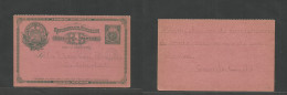 Salvador, El. 1896 (15 Ene) El Chilamatal - La Libertad 2c Doble Green / Pink Stationary Card Used On Way Out Internally - Salvador