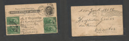 Usa - Stationery. 1898 (23 June) NYC, Holboken - Germany, Bremenhaven. 1c Jefferson Black Stat Card + 4 Adtls 1c Green T - Other & Unclassified