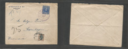 Venezuela. C. 1913. Maracaibo - Denmark, Cph. Comercial Single 50c Blue Fkd Envelope, Lilac Shield Cachet, Taxed + Arriv - Venezuela