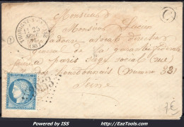 FRANCE N°60A SUR LETTRE GC 3953 THORIGNY SUR OREUSE YONNE + CAD DU 25/09/1874 - 1871-1875 Ceres