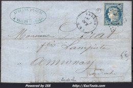 FRANCE N°60C SUR LETTRE POUR ANNONAY GC 4089 VALLON ARDECHE + CAD DU 02/10/1875 - 1871-1875 Cérès