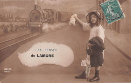 Une Pensée De LAMURE-sur-Azergues (Rhône) - Train Fantaisie - Voyagé 1915 (2 Scans) - Lamure Sur Azergues