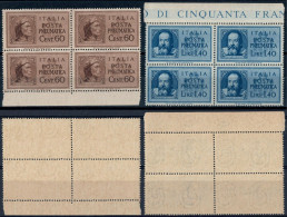 LUOGOTENENZA 1945 POSTA PNEUMATICA QUARTINA DANTE ALIGHIERI C. 60 / GALILEO GALILEI L. 1,40 - MNH SASSONE PN16 / PN17 - Ongebruikt