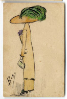 FEMME ELEGANTE  AVEC UN JOLI CHAPEAU    AQUARELLE   REALISEE SUR CARTE POSTALE SIGNEE BOBY - Acquarelli