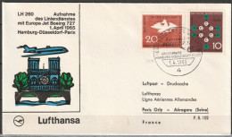 BRD Flugpost /Erstflug Boeing 727  LH 260 Düsseldorf - Paris 1.4.1965 Ankunftstempel 1.4.65 (FP 266 ) - First Flight Covers