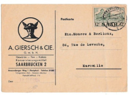 Sarre 12 F "Poste Centrale De Saarbrücken" (n°312) Sur Carte Postale Commerciale Pour Marseille-17 SEPTEMBRE 1954 - Briefe U. Dokumente