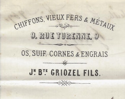 1869  ENTETE Jn Bte Griozel Marseille Chiffons Vieux Fers & M&taux Os Suif Corbnes Et Engrais => Jean Coste Bez Le  Pey - 1849-1876: Klassik