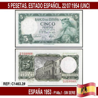 C1463.2# España 1954. 5 Pts. Estado Español (UNC) P146a.1 - 5 Pesetas