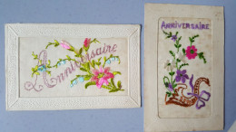 2 Cartes Fantaisies Brodées , Anniversaire  , Fleur - Embroidered