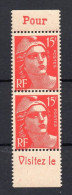 !!! PAIRE VERTICALE DU 15F GANDON AVEC BANDES PUBS POSTE NEUVE ** - Unused Stamps