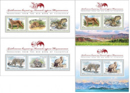 Tajikistan 2020 Predators From The Red Book Owl Eagle Wild Cats Set Of 4 Perforated Block's MNH - Hiboux & Chouettes