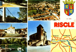 Riscle ,blason Et Plan : ( Pont ,camping, Place ,lac ,église ,vue Générale, Timbrée En 1973 - Riscle