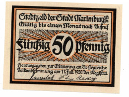 WESTPREUSSEN - MARIENBURG / MALBORK, Notgeld 1920 Volksabstimmung 50 Pfennig - Westpreussen