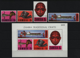 Sambia 1970 - Mi-Nr. 66-69 A & Block 1 ** - MNH - Volkskunst - Zambia (1965-...)