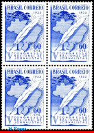 Ref. BR-755-Q BRAZIL 1953 - 5TH NATIONAL CONGRESS OFJOURNALISM, QUILL PEN, TREE, BLOCK MNH, MAPS 4V Sc# 755 - Géographie