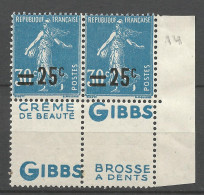 SEMEUSE Surchargé N° 217 Paire Double  Pub GIBBS NEUF** LUXE SANS CHARNIERE  / Hingeless /MNH - Neufs