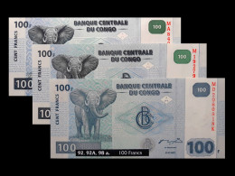 # # # Set 3 Banknoten Kongo (Congo) 100 Francs (P-92A, 92B, 98) G&D/HdM UNC # # # - Democratische Republiek Congo & Zaire