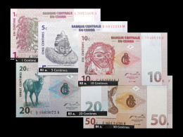 # # # Set 5 Banknoten Kongo (Congo) 1 Bis 50 Francs (P-80 Bis P-P84) UNC # # # - Democratische Republiek Congo & Zaire