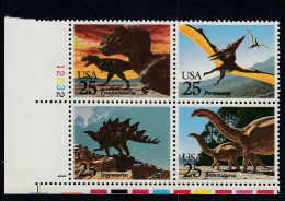 Sc#2422-2425, Prehistoric Animals, Dinosaurs, 25-cent 1989 Issue, Plate # Block Of 4 MNH US Postage Stamps - Numero Di Lastre