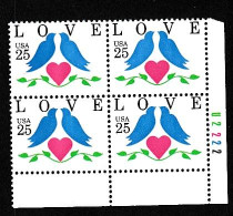 Sc#2440 'Love' Birds And Heart, 25-cent 1990 Issue, Plate # Block Of 4 MNH US Postage Stamps - Plate Blocks & Sheetlets