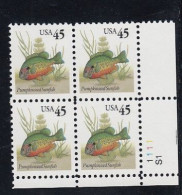 Sc#2481 Flora And Fauna Regular Issue, Pumpkinseed Sunfish, 45-cent 1992 Issue, Plate # Block Of 4 MNH US Postage Stamps - Números De Placas