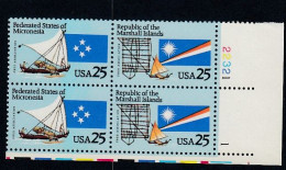 Sc#2506-2507, Micronesia & Marshall Islands, 25-cent 1990 Issue, Plate # Block Of 4 MNH US Postage Stamps - Números De Placas