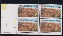 Sc#2512, Pre-Columbian America, Grand Canyon, 25-cent 1990 Issue, Plate # Block Of 4 MNH US Postage Stamps - Números De Placas