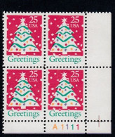 Sc#2515, Christmas Tree, 25-cent 1990 Issue, Plate # Block Of 4 MNH US Postage Stamps - Plate Blocks & Sheetlets