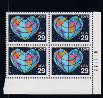Sc#2535, 'Love' Earth Globe Map, 29-cent 1991 Issue, Plate # Block Of 4 MNH US Postage Stamps - Plate Blocks & Sheetlets