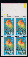 Sc#2537, 'Love' Parrots Birds, 52-cent 1991 Issue, Plate # Block Of 4 MNH US Postage Stamps - Plattennummern