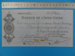 Chèque Duplicata BANQUE DE L'INDO-CHINE (Saïgon, Indochine) Payable Société Générale Illustré Imprimeur Chaix - Cheques & Traveler's Cheques