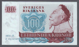 Sweden Svezia Suède Schweden 1971 100 Kronor Replacement / Star AUNC+/-UNC Consecutive Nr. 2 *X-RARE* - Suède
