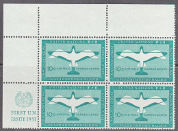 UNITED NATIONS NY   SCOTT NO C2  MNH  CORNER BLOCK   YEAR  1951 - Aéreo