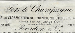 1886 ENTETE FERS DE CHAMPAGNE Reverchon Simon Lemut Usines De Closmortier St Dizier Des Eturbées & De Gué  Haute Marne - 1800 – 1899