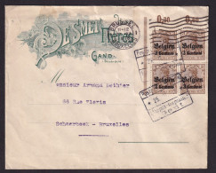 DDFF 051 -- Enveloppe Illustrée TP Germania Surchargés Belgien - Censure Etapes GENT 1915 à BXL - Horticulteurs LEDEBERG - OC26/37 Territori Tappe