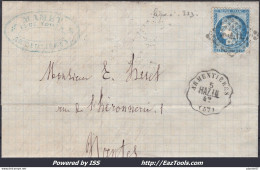 FRANCE N°60C SUR LETTRE CACHET CONVOYEUR DE STATION ARMENTIERES LIGNE 233 HAZ LIL - 1871-1875 Ceres