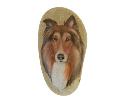 Rough Collie Dog Hand Painted On A Beach Stone Paperweight Collectible - Animaux