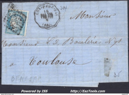 FRANCE N°60 SUR LETTRE AVEC CONVOYEUR DE STATION COARRAZE NAY LIGNE 324 PAU.TOU. - 1871-1875 Cérès